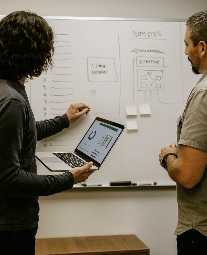 Consultores de recursos humanos analizando estrategias en pizarrón con laptop